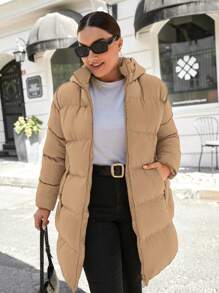 EURMUSE Women's Plus Size Hooded Puffer Coat, For Winter - Khaki - View 5