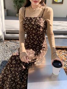 DAZY Váy dây đeo spaghetti in hoa Ditsy dành cho nữ - Màu Khaki - Xem 4