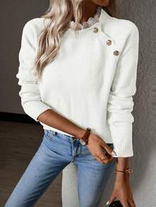 SHEIN Privé Màu thuần Đứng cổ áo Chi tiết Nút Áo len - trắng - Xem 3