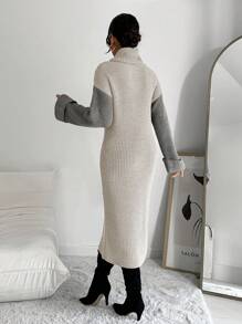 EURMUSE 撞色高領長袖毛衣洋裝(無腰帶)