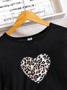 Sparklyn 2pcs Teenage Girls' Leopard Print Heart Long Sleeve T-shirt And Leggings Set - Black - View 3