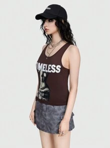 ROMWE Street Life 街頭藝術字母和數字印花無袖肌肉背心 - 摩卡棕 - 查看 4