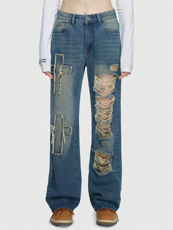 Our Grunge Punk Women'S Punk Cross Patch Embroidery Ripped