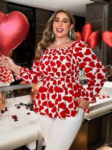 Flirla 情人节心形印花灯笼袖大码衬衫