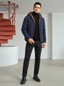 GENTILAND Loose Men's Zip-Up Hooded Quilted Coat - Blue - View 6