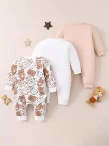 SHEIN 3入組嬰兒男孩熊圖案睡衣連身衣