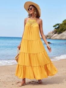 SHEIN VCAY Vestido Con Dobladillo Con Volantes Y Cuello Halter Con Empalme De Encaje Para Mujer - Amarillo - Ver 5