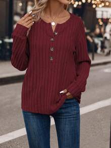 SHEIN LUNE 假連結設計長袖休閒t卹 - 酒紅色 - 查看 3