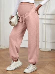 SHEIN 孕婦純色可調腰長褲 - 粉色 - 查看 3