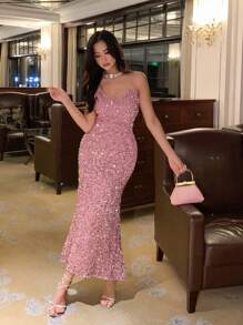 DAZY 女士闪亮美人鱼尾亮片吊带背心返校节礼服舞会礼服派对女士 - 粉色 - 查看 8