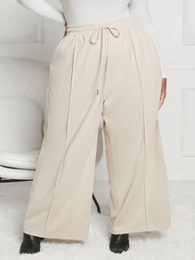 SHEIN CURVE+ Kích thước lớn Của phụ nữ Dây rút Rộng chân Quần - Màu Khaki - Xem 1
