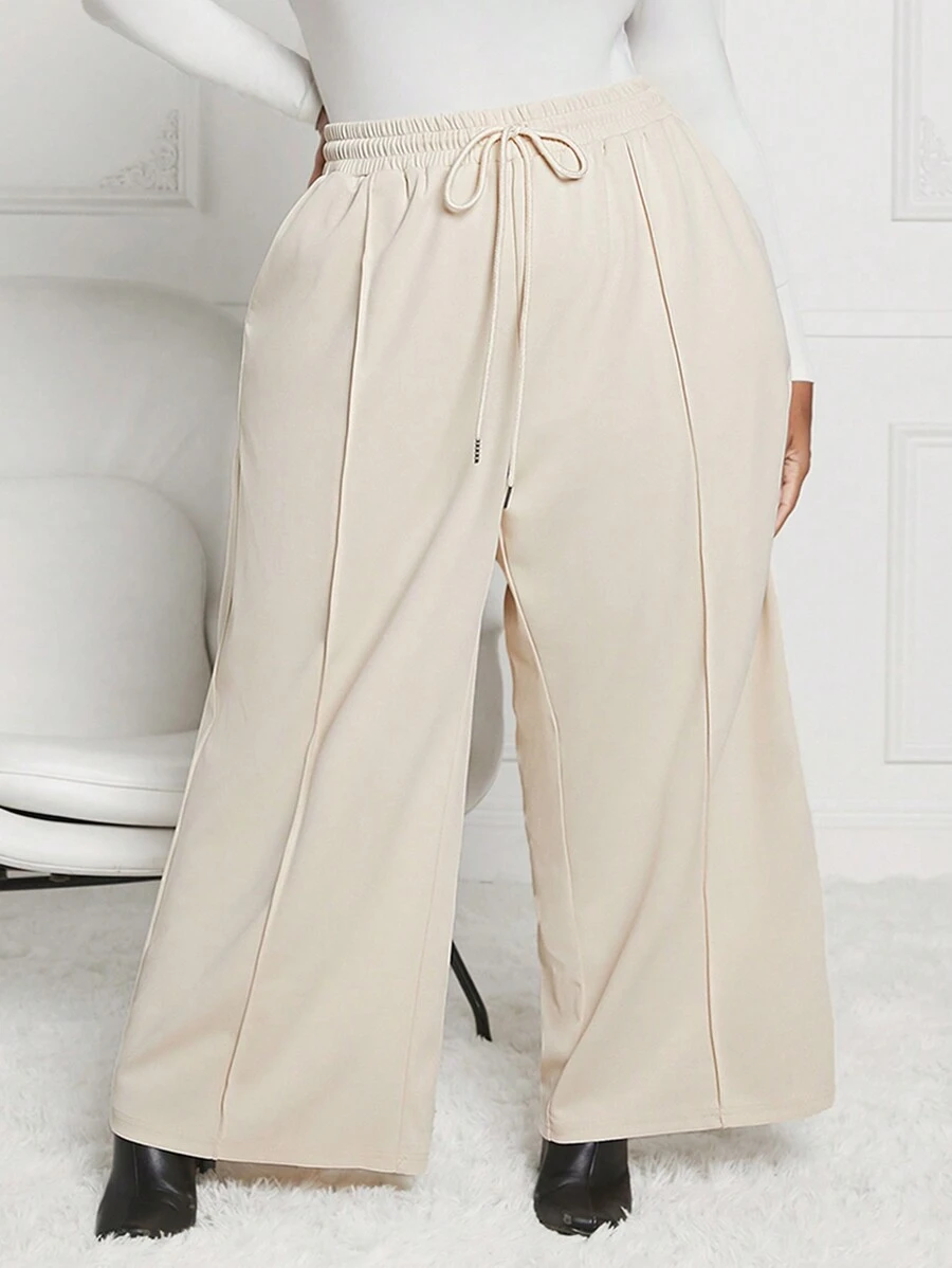 SHEIN CURVE+ Kích thước lớn Của phụ nữ Dây rút Rộng chân Quần - Màu Khaki - Xem 1