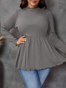 SHEIN LUNE 大尺碼純色荷葉邊長袖t恤 - 灰色 - 查看 6