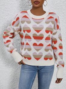 SHEIN LUNE Heart Pattern Drop Shoulder Knit Pullover Fall Winter Sweater - Multicolor - View 5