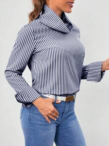Chiquease 女款豎條紋扣環細節垂墜領襯衫 - 寶藍色 - 查看 5