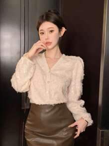 DAZY 閃亮裝飾v領長袖襯衫 - 白色 - 查看 6