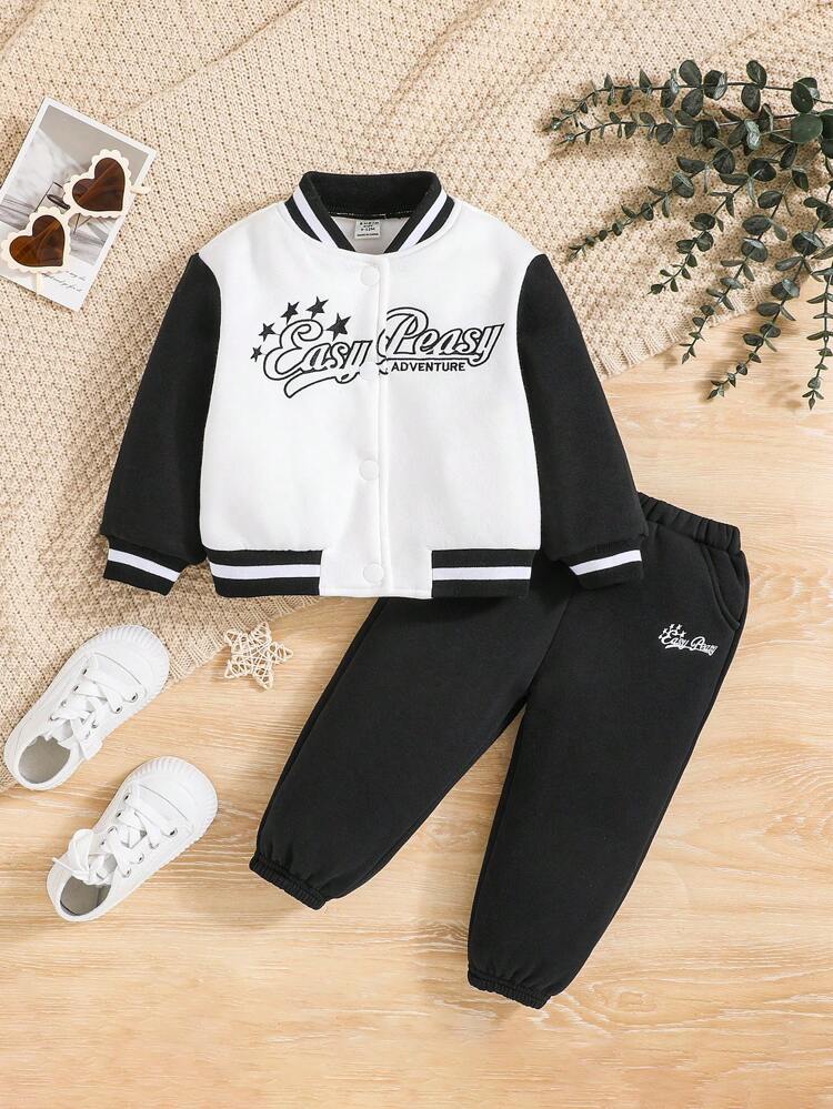 Baby Girls' Casual Street Style Color Block Baseball Jacket & Elastic Waist Pants Set