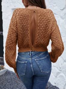 Grefit SHEIN LUNE Solid Color Back Hollow Out Drop Shoulder Cropped Sweater - Coffee Brown - View 2