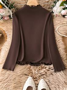 SHEIN LUNE 大尺碼純色立領t卹 - 棕色 - 查看 2