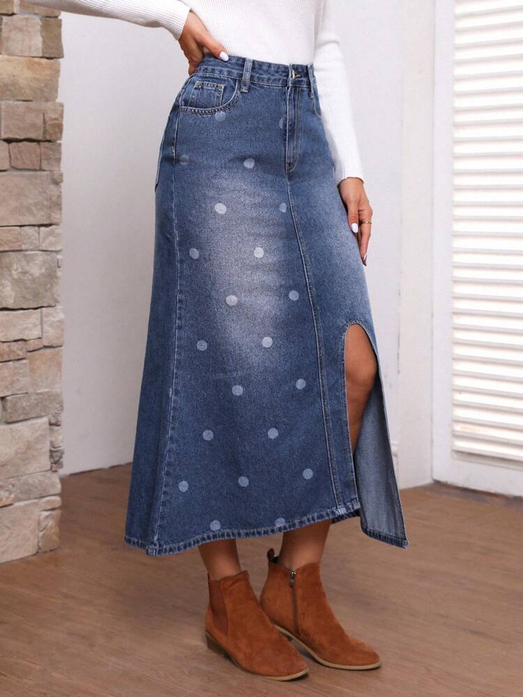 Polka Dot Pattern Washed Denim Skirt With Split Hem