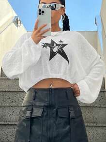SHEIN EZwear Loose Fit Star And Spider Pattern Drop Shoulder Knitted Sweater - White - View 5