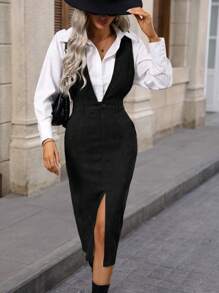 Chiquease Women's Backless Overall Dress With Slit Hem - Black - View 4