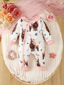 Baby Girls' Cute Cow Printed Long Sleeve Jumpsuit For Winter - Multicolor - View 4