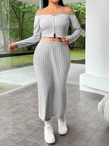 SHEIN EZwear 大尺寸萵苣邊T卹和裙子套裝 - 灰色 - 查看 3