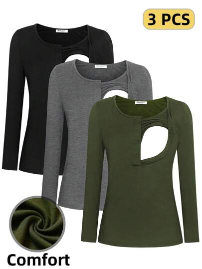 Maternity 3pcs Solid Nursing Tee With Long Sleeve