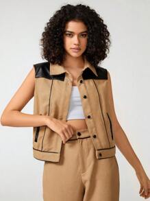 Jenny Gyn Designer Contrast PU Leather Panel Vest Jacket, For Summer, For Holiday, Vacation - Brown - View 1