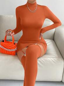 SHEIN Privé 性感露背純色女士連衣裙 - 橘色 - 查看 3