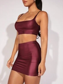 SHEIN BAE 上衣背心和裙子套裝 - 酒紅色 - 查看 7