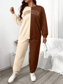 Flirla Plus Size Color Block Letter Pattern Round Neck Long Sleeve Casual Two Piece Set - Multicolor - View 4