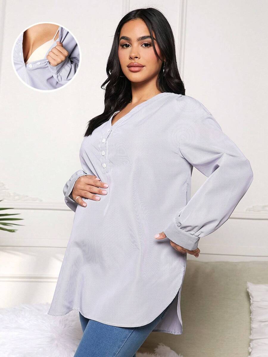 SHEIN Thai sản Sọc Tay áo dài Điều dưỡng Áo - trắng - Xem 1