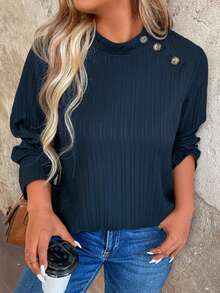 SHEIN LUNE Plus Size Button Decoration Long Sleeve Casual Top - Navy Blue - View 4