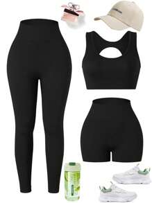 Easithlete Bộ 3 món tập yoga cho nữ, thiết kế khoét lưng hoa trên quần legging thể thao, ngắn, liền mạch, cao & kiểm soát bụng, nâng mông để kiểm soát bụng, kiểm soát bụng, nâng mông - màu đen - Xem 1