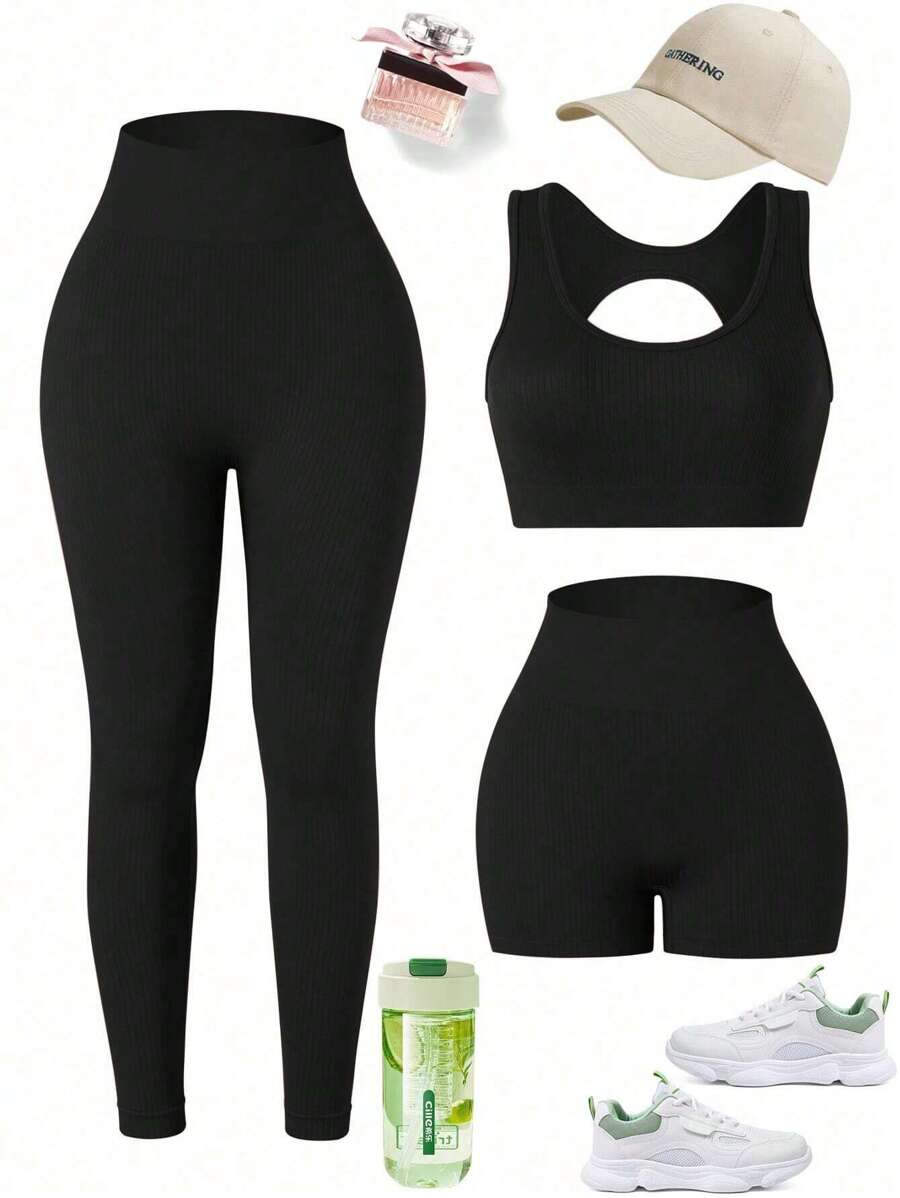 Easithlete Bộ 3 món tập yoga cho nữ, thiết kế khoét lưng hoa trên quần legging thể thao, ngắn, liền mạch, cao & kiểm soát bụng, nâng mông để kiểm soát bụng, kiểm soát bụng, nâng mông - màu đen - Xem 1