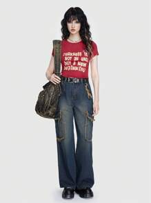 ROMWE Street Life Pha lê Hình đầu lâu In Khẩu hiệu Áo thun - Đỏ - Xem 1