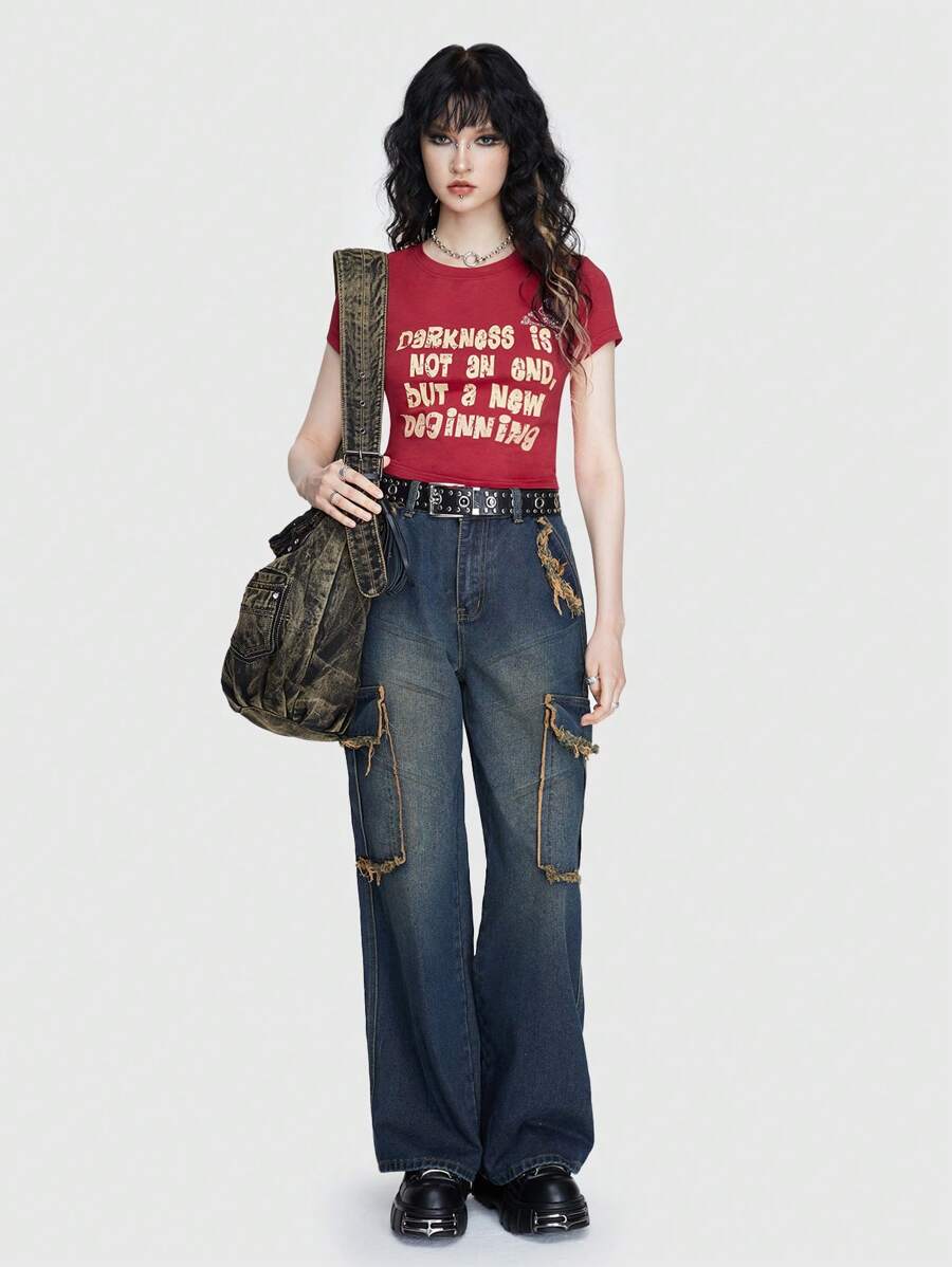 ROMWE Street Life Pha lê Hình đầu lâu In Khẩu hiệu Áo thun - Đỏ - Xem 1