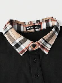 Manfinity NiteLyfe Áo thun Polo dài tay kẻ ô vuông chắp vá cho nam - màu đen - Xem 5