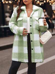 Calvaya 女款大尺碼格子泰迪熊大衣(附翻蓋) - 綠色 - 查看 6