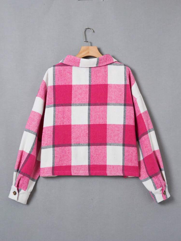 Women's Plus Size Plaid Loose Fit Woolen Coat With Dropped Shoulders