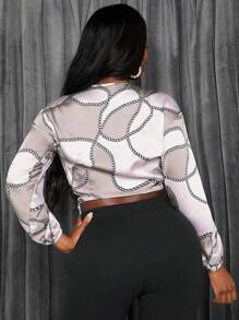 Slaydiva Camisa Corta Para Mujeres Con Patrón De Cadena Y Cinturón Delantero Con Nudo - Multicolor - Ver 3