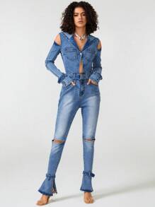 Samanta X Cold Shoulder Pocket Patched Ripped Denim Jumpsuit