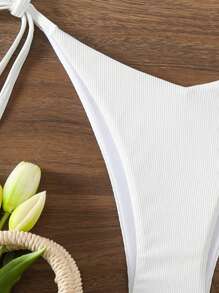 Swim Basics 夏季海灘純色側結鬆緊帶三角比基尼套裝 - 白色 - 查看 5