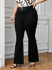 SHEIN EZwear Plus Size Women's Denim Flared Pants With Belt - Black - View 4