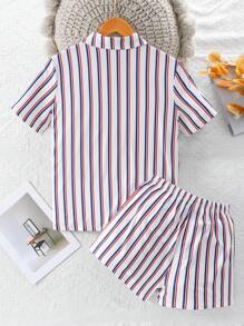 青少年男孩條紋短袖襯衫和短褲休閒套裝，適合室內穿著 - 彩色 - 查看 2