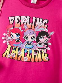 SHEIN 小女孩卡通图案长袖长裤两件套 - 玫紅色 - 查看 3