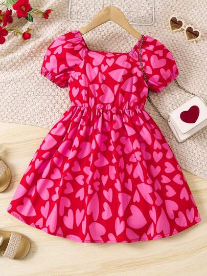 SHEIN Vestido estampado con mangas abultadas tipo corazón para niña, ideal para verano, vacaciones y viajes