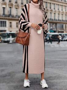 SHEIN LUNE 女士高領條紋蝙蝠袖毛衣連衣裙 - 粉色 - 查看 1